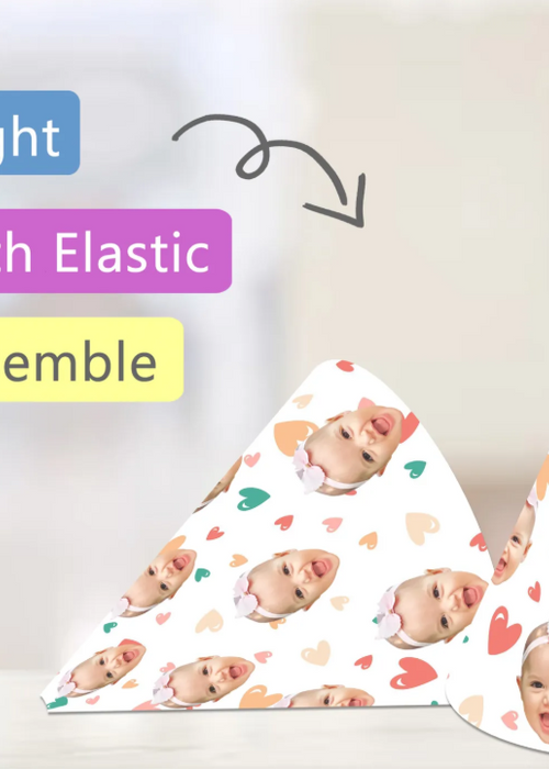 baby shower hats with printed faces, labeled for height, elastic, and assembly ease.