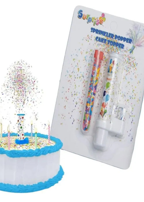 Sprinkler popper cake topper with packaging on a white background